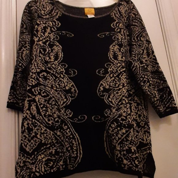 RUBY RD Sz L Black with Gold Filigree 3/4 Sleeve Tunic SWEATER, NWOT! - Picture 2 of 5